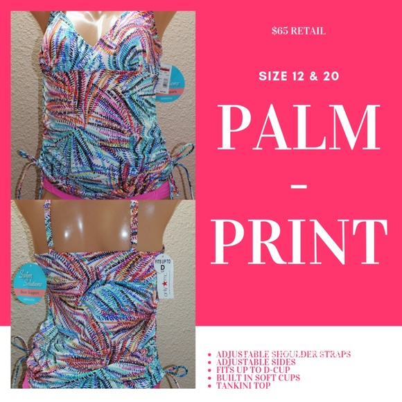 $65 Retail Palm-Print Adjustable Tankini Top NWT - Picture 1 of 5